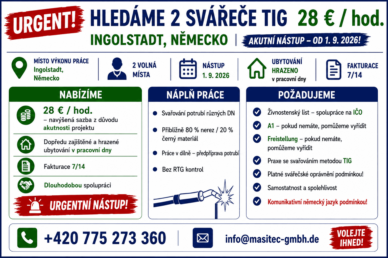 WIR SUCHEN 2 TIG-SCHWEISSER – Ingolstadt, Deutschland 1. 9. 2026 !